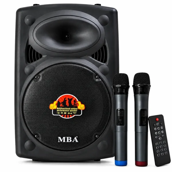 КАРАОКЕ КОЛОНА ПРЕНОСИМА MBA F15 +2бр МИКРОФОНИ 5000W Bluetooth – FM радио – МP3 – TF карта